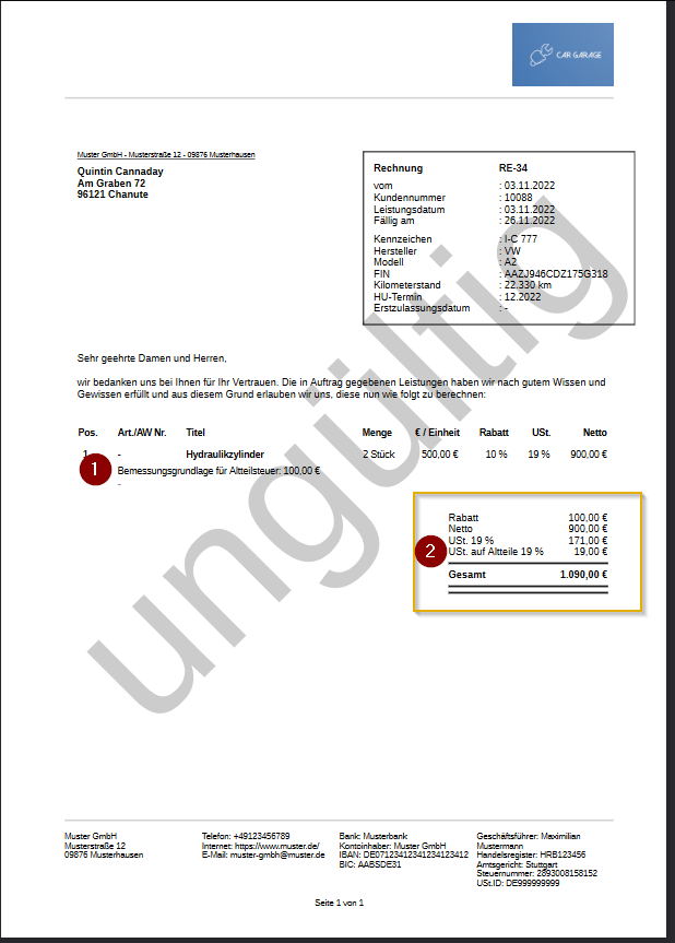 Eine Position mit aktivierter Altteilsteuerberechnung auf einer Rechnung. Die Berechnungsgrundlage wird an der Position angezeigt und der Summenbereich schlüsselt die erhobene Umsatzsteuer und Altteilsteuer explizit auf.