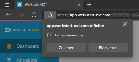 Microsoft Edge fragt, ob Werkstatt.NXT Zugriff auf die Kamera erhält